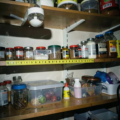 Kitchen pantry shelves photographed with forensic ruler and markers