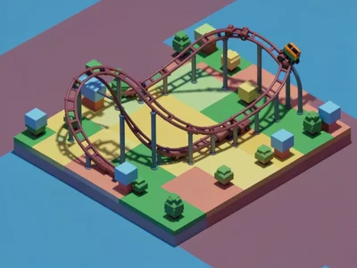 A roller coaster in a theme park, its cubic track twisting and looping over a fl