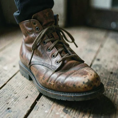 Close-up of worn leather boot on a wooden floor plank, laces knotted multiple ti