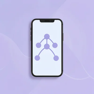 Flat UI feature card of a phone showing a lesson tree, branching nodes connected
