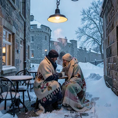 Quebec winter heritage, walled city under snow, Couple huddled under blanket in 