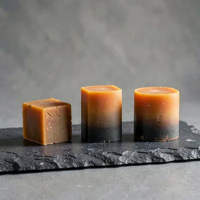 Mineralcut study of three rosin blocks in graduated sizes on slate, hard graphic