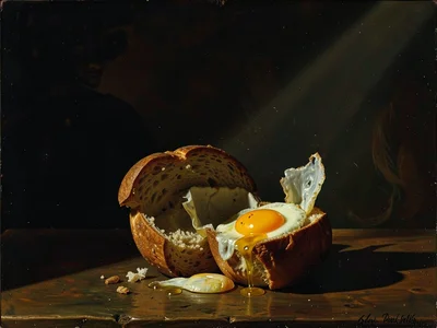 Breakfast sandwich unwrapped on dark surface, egg yolk glistening like golden pi
