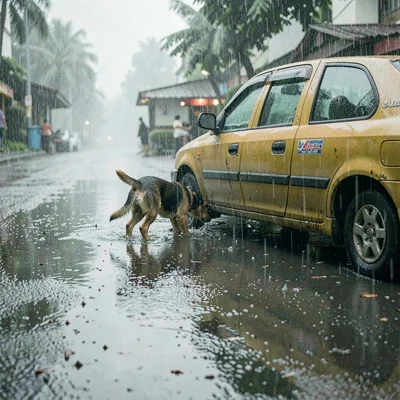 Monsoon season photograph, heavy rain atmosphere, A stray dog sheltering under a