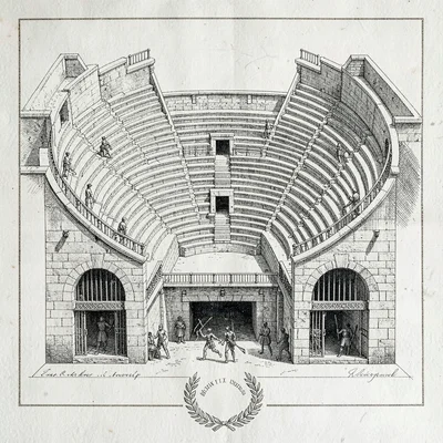 A Roman gladiator arena cross-section with terraced seating, hypogeum chambers b