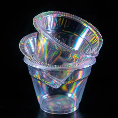 Three clear plastic cups nested together under cross-polarized light, each cup's