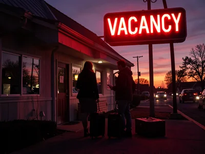 A couple checking into a roadside motel under a buzzing VACANCY sign, their silh