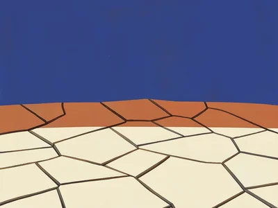Pale cream salt pan cracked into polygonal slabs spreads to a low rust-orange ri