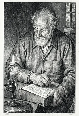 Reading by candlelight cross-hatched