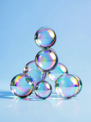 Stacked mercury-like chrome bubbles balanced in a precarious pyramid on a butter