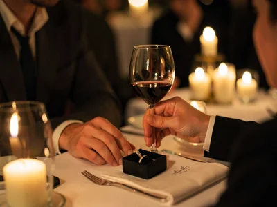The moment before a proposal at a candlelit restaurant, the ring box visible und