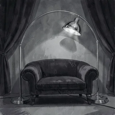 Moody charcoal of a chrome floor lamp arching over a velvet chaise, deep velvety
