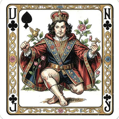 Playing card face illustration, Jack of Clubs, dashing figure with flower , cour