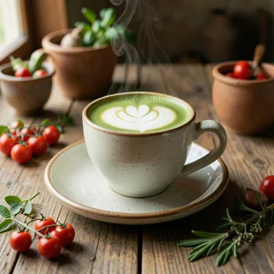 Steaming cup of matcha latte with latte art on a ceramic saucer