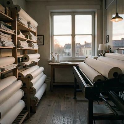 Atmospheric scene of a printing room at dusk with rolling shelves of paper