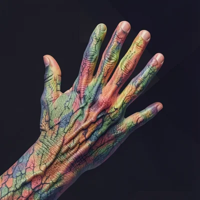 Wrinkled hand filled with tree bark texture, age patterns matching, double expos