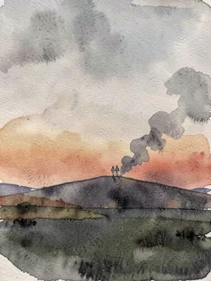 An ash-plain horizon at dusk, low warm-grey to ember gradient, two tiny figures