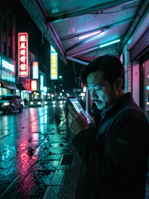 A person checking their phone under a neon awning, the phone screen and neon com