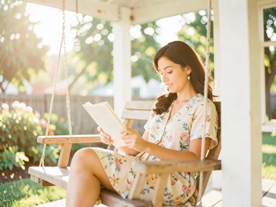 A woman reading on a porch swing in summer afternoon