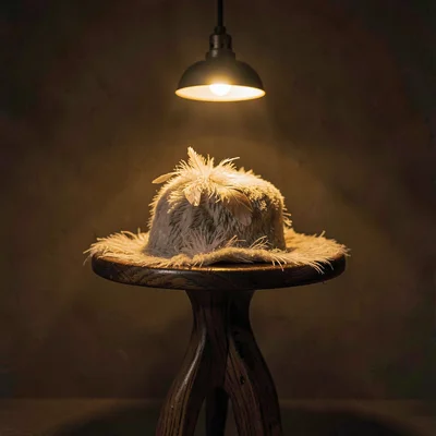 Ambient ig-teaser of a feathered hat on a bentwood stand under a low pendant, de