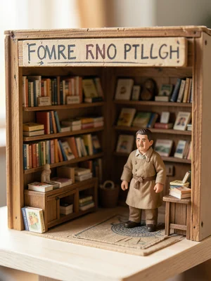 A miniature bookshop: shelves of tiny paper books, a reading nook, a clay shopke