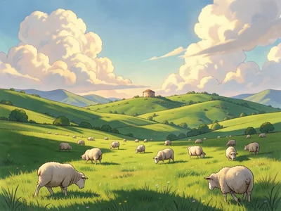 Sheep scattered across a rolling emerald field with a round tower visible on a d