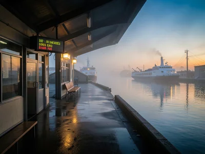 A ferry terminal in fog: the waiting room empty, the departure board showing del