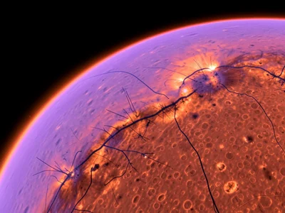 Solar surface in calcium-K wavelength, violet-hued chromosphere showing bright p
