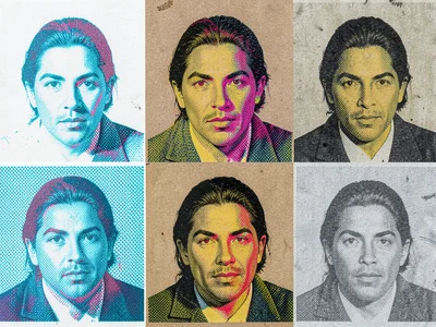 CMYK portrait printed on different papers: same image on white, kraft, grey, and