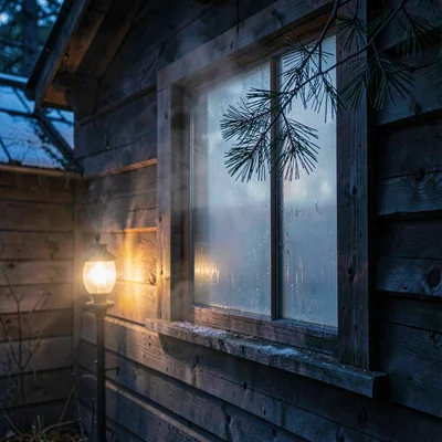 A small cabin steam-fogged window at lamp-light evening with a single pine bough