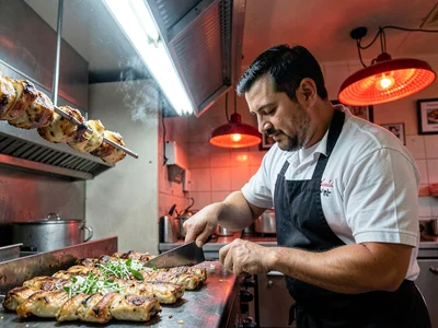 Kebab vendor sharpening knife under fluorescent tube and red heat lamps