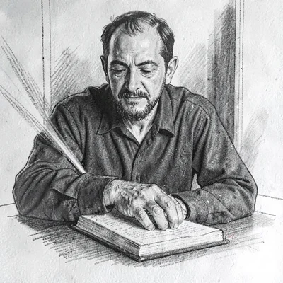 Loose charcoal sketch of a narrator turning a page mid-take, motion smudge on th