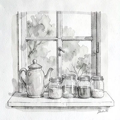 Ink illustration of a kitchen window with a teapot and a row of jars (no readabl