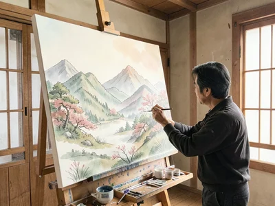 Artist painting on canvas, painted landscape expanding beyond canvas into room