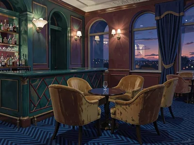 Twilight art-deco lounge at evening lit by one fluted alabaster sconce, emerald-