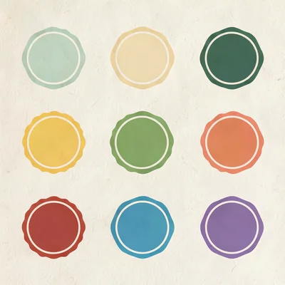 Flat catalog grid of nine stamp shapes in different colors, balanced spacing on 