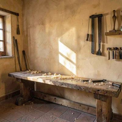 inside a Sicilian carpenter's workshop at midmorning, ochre stucco walls and a w