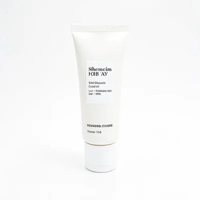 Minimal studio shot of a single tube standing alone on white seamless, deep nega