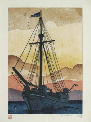 Boat mast rigging against an evening sky, ochre and indigo blocks