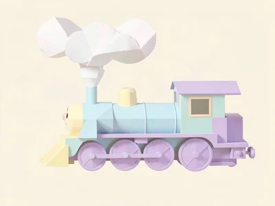 Chuffing sky-blue lowpoly train locomotive with a cream chimney and lavender whe