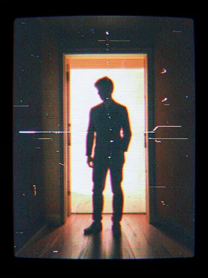 A figure standing in a doorway backlit, silhouette broken by tracking errors
