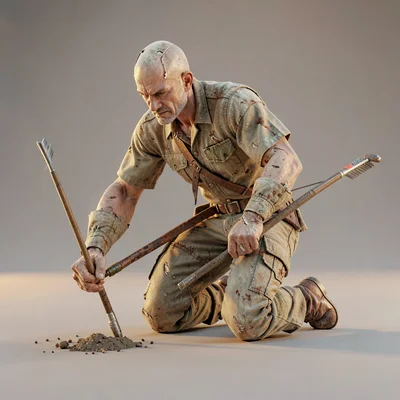 A hunter kneels to retrieve an arrow from the ground, bow held flat against the 