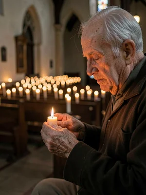 An elderly man lighting a votive candle in an empty church, his weathered hands 