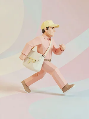 Running peach lowpoly courier character mid-stride with chunky cream messenger b