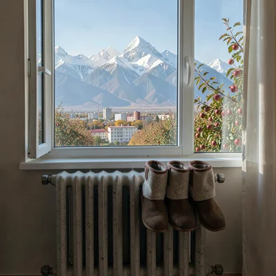 Tian Shan mountains behind Soviet Almaty, traditional felt boots drying on Sovie