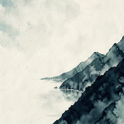 A serrated coastal-mountain silhouette runs along the right edge in dark teal ag