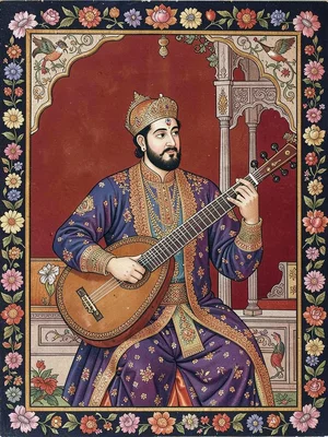 Portrait of a court musician holding a sitar, rich ground color, flower border f