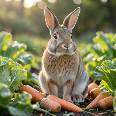 Rabbit sitting in a garden among lettuce and carrots, morning dew, soft focus ba