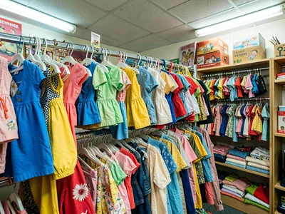Children's section, tiny colorful clothes, fast growth donated for re-use