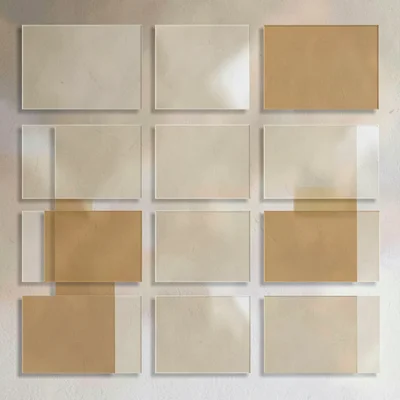 Modular grid of overlapping translucent film rectangles in oat and amber